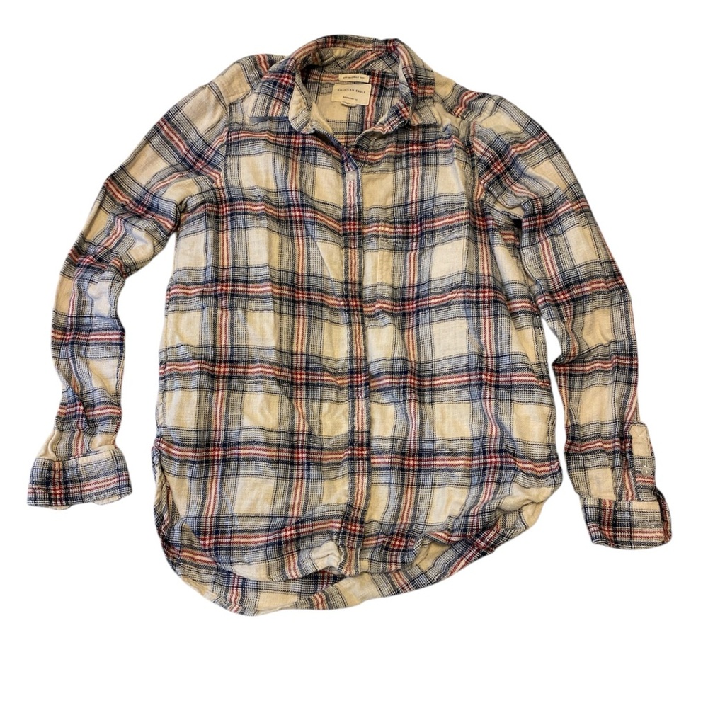 American Eagle Outfitters Cream and Blue Plaid Flannel Shirt Boyfriend Fit | S